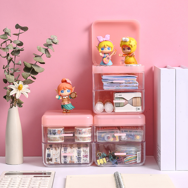 29781 Office compartment storage drawer box desktop flip cover drawer storage box 2 layers cute desktop sundries storage box