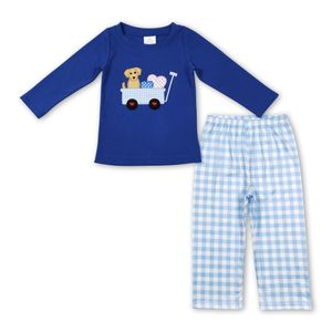 Camping cart puppy embroidery purplish blue long sleeves shirt match baby blue plaids pants kids pajamas boys boutique clothes
