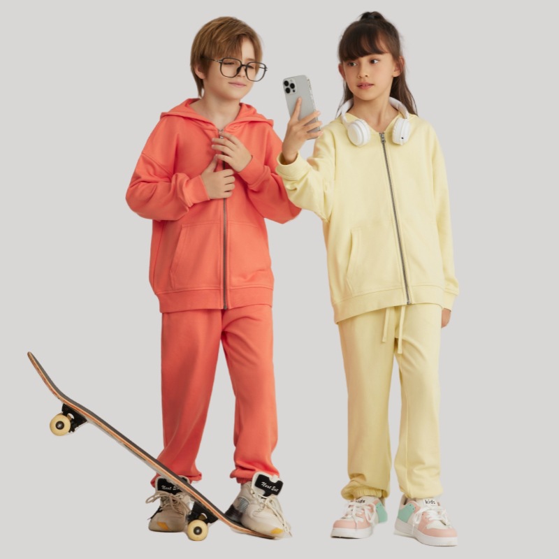 Heavyweight cotton children zipper hoodie jogger tracksuits casual sports sweatpants zip up hoodie sets for kids