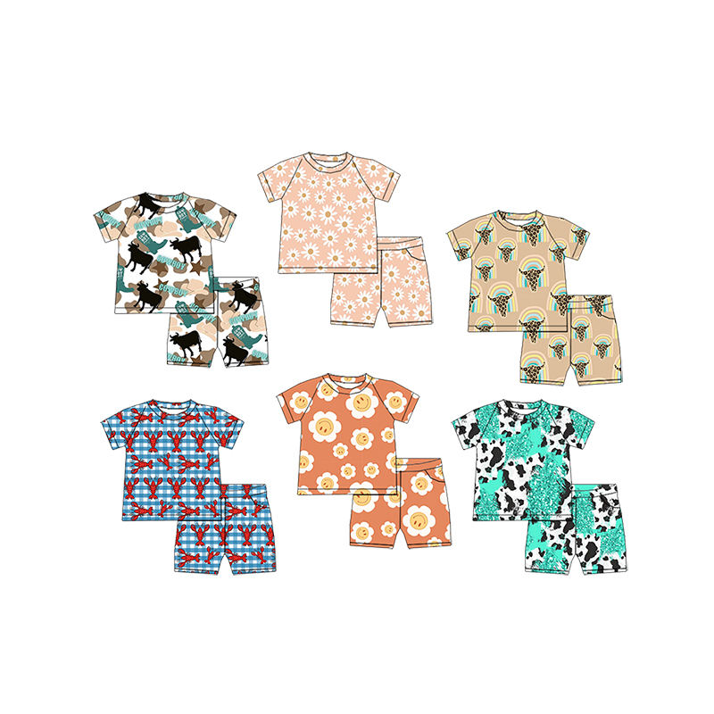 Yiwu Jiufang Clothing Co., Ltd. JF Spring Summer Milk Silk Fabric Western Print Baby Outfits T-Shirt With Pocket Shorts Boy Clothes Kids Shorts Sets
