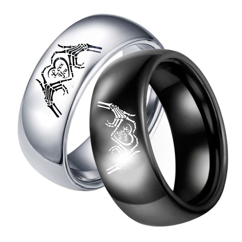 Nanning Shuheng International Trade Co., Ltd. Wholesale 8mm Black Silvery Colors I Love You Skull Finger and Heart Pattern Stainless Steel Ring for Couple