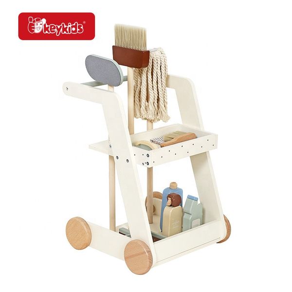 wholesale wooden toy playsets toy cleaning trolley with mop, brushes, dustpan, & accessories for children aged 3+ W10D787