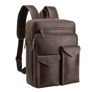 Men Travel Laptop Back Pack Bag Black Genuine Leather Backpacks Cowhide Daypack Men's Leather Backpack