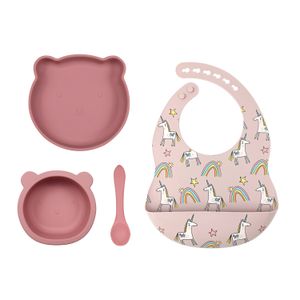 4PC Low MOQ Can Ce Customized Color OEM ODM Factory  Silicone Print Bib Suction Baby Feeding Bear Bowl Bear Plate Feeding Set