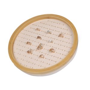 Manufacturer Round Nature Bamboo Beige Velvet Jewelry Display Tray Luxury Rings Earrings Stand