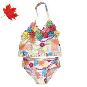 Customized Girls' tankinis, Floral Printing, Two Piece halter swimsuits,Top front with patches, factory price