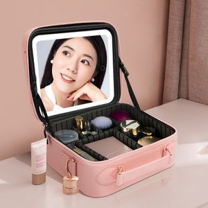 Pink Custom Logo Small Eco Friendly Mini Quilted Leather Professional Waterproof Brushes Makeup Bag Travel Case With Led Mirror