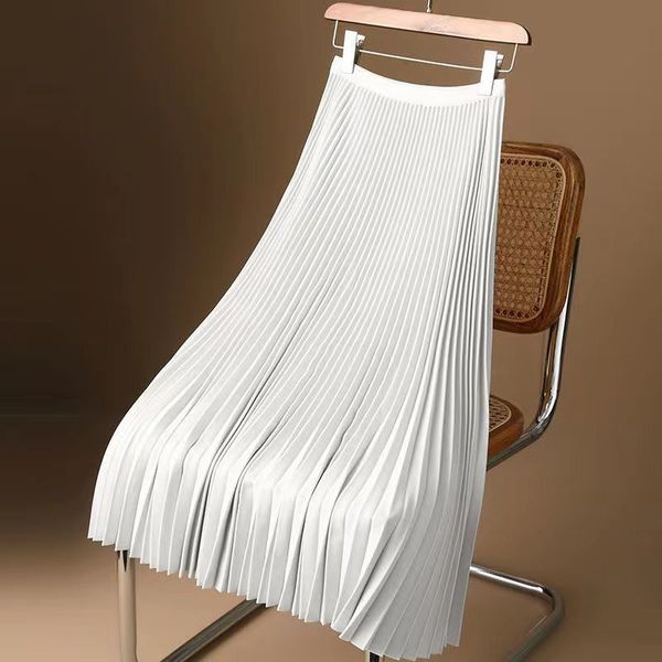 Women's Plus Size Summer Midi Pleated Skirt Casual Style A-Line Satin Stretch High Waist Dress Solid Color Sexy Chiffon