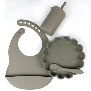 Baby Tableware Feeding Set Silicone Dinner Set With Silicone Bibs And Baby Dishes And Straw Cup And Spoon For Baby
