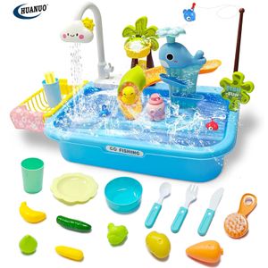 Kids Pretend Role Play Kitchen Sink Toys with Electric Faucet Water Slide Fishing Game Dishwasher Playing Toy Kitchen