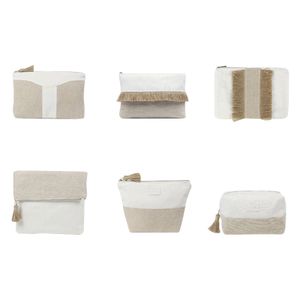 Wholesale Custom Logo White Blank Jute Bamboo Eco Friendly Toiletry Makeup Pouch Zipper Canvas Cosmetic Bag With Gold Zipper