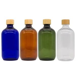 Cosmetic packaging 16oz 500ml blue frost shampoo PET plastic pump bottle with bamboo lotion dispenser lid