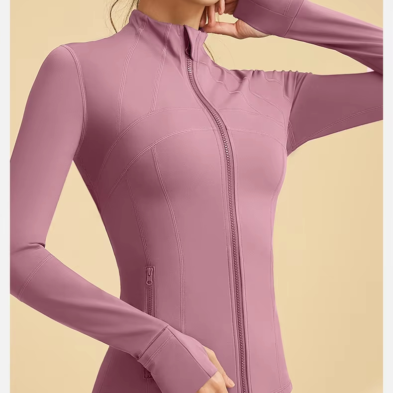 Long Sleeve Sports Jacket Gym Yoga Coat Zip Up Thumb Hole Stand Breathable Seamless Gym Running Jacket