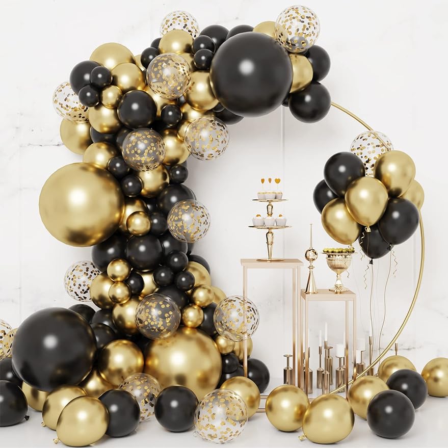 Jinhua Chaihe E-Commerce Co., Ltd. Black Gold Balloons New Years Eve Party Balloons Garland Arch Kit, Black Metal Gold and Metallic Confetti Gold Balloons for Grad