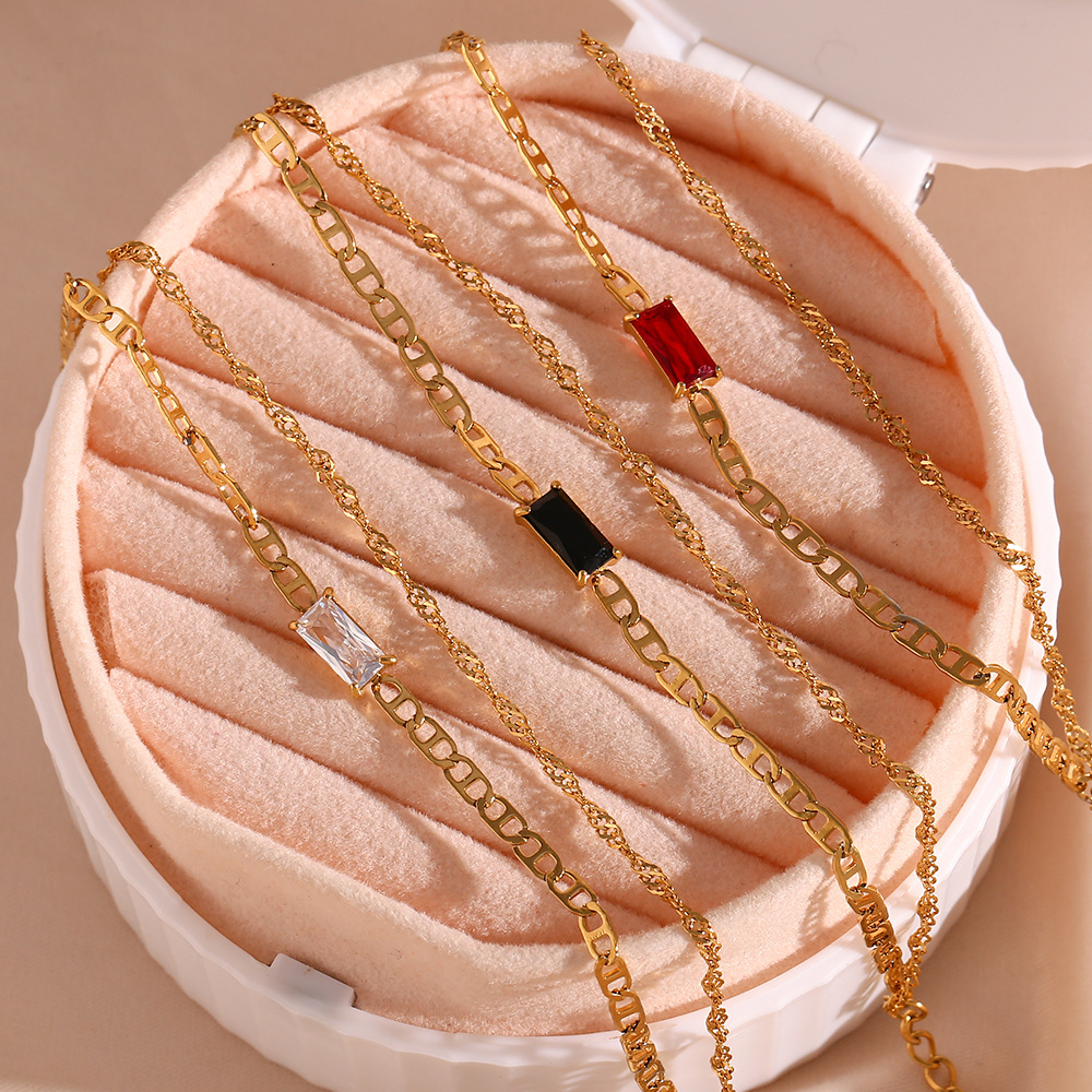 Fashion Simple Light Luxury Double Layer Water Wave Chain Stainless Steel 18K Gold Plated Rectangular Zircon Bracelet