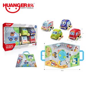 Huanger 4pcs Soft Pull Back Colth Friction Toy Vehicle Sets Soft Toy Car Stuffed Plush Cars Toys For Children With Storage Bag