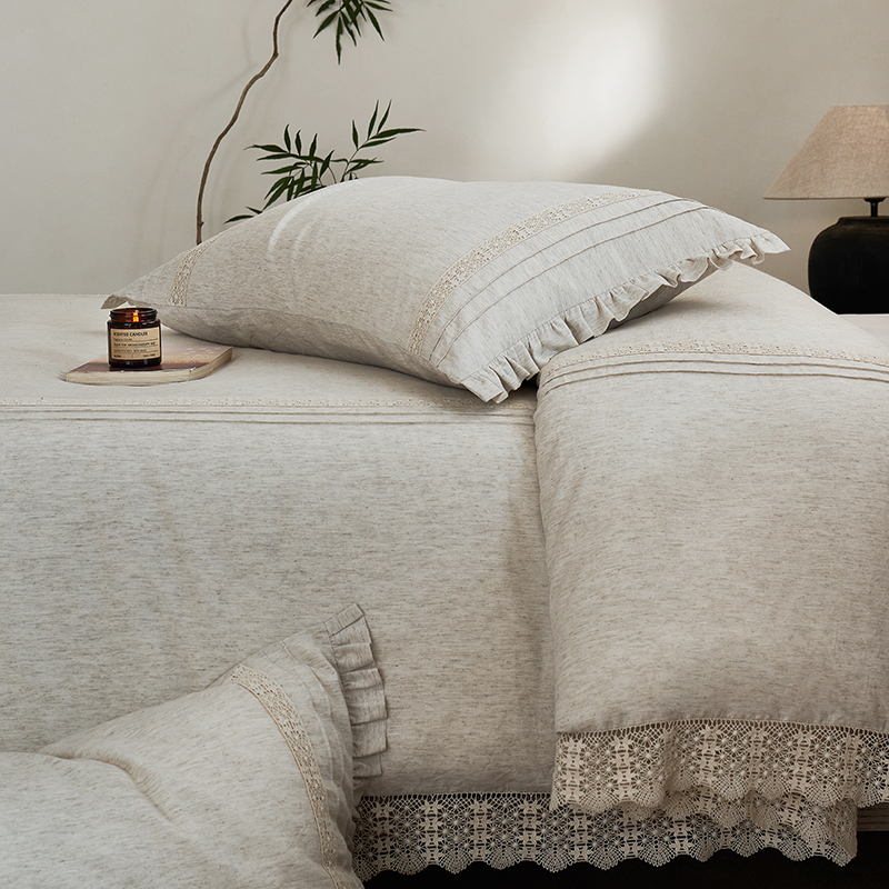 Summer Anne's Wholesale Bohemian Beige Bedding Cotton Linen Lace Edges Simple Elegant Four Piece Set Cotton Duvet Cover Sets