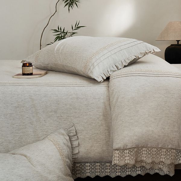 Summer Anne's Wholesale Bohemian Beige Bedding Cotton Linen Lace Edges Simple Elegant Four Piece Set Cotton Duvet Cover Sets