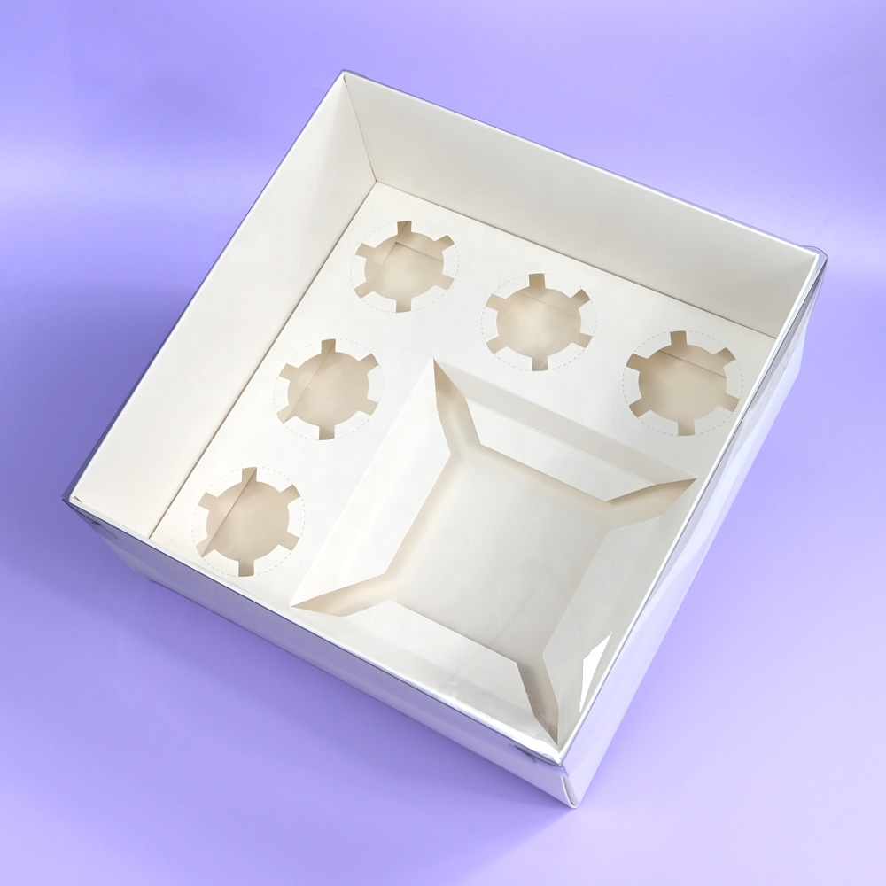 XJH 5 Hole Cupcake Pastry Bakery Packaging Paper Cake Donuts Gift Windows Clear Lid Cupcake Food Donuts Bento Cupcake Boxes