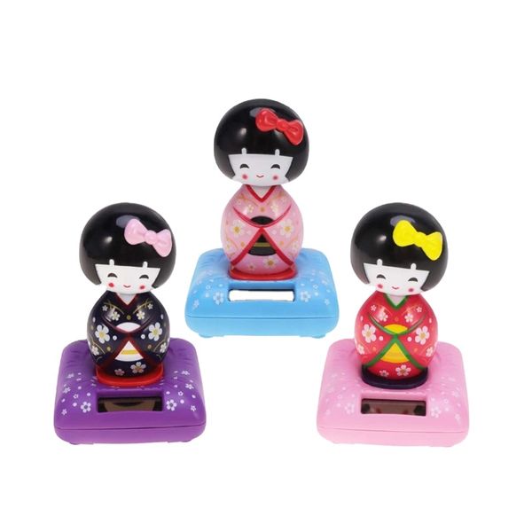 Custom Solar Powered Bobble Shaking Head Dancing Toy Japanese Kokeshi Doll Figurines Statues Car Dash Board Decorations