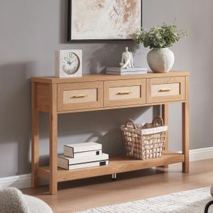 OEM 3-Drawer Rattan Console Table 2 Tier Narrow Wood Sofa Table Modern Design for Living Room Entryway Kitchen Bedroom