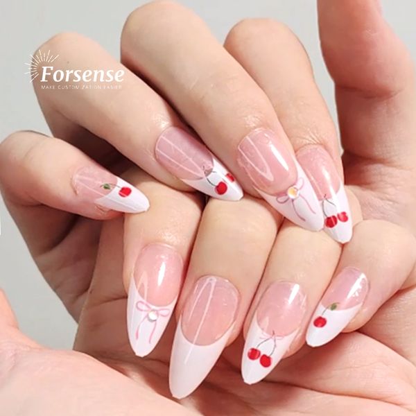 2024 bulk short almond press on nails supplies white french tip faux ongles manufacturer cute cherry artificial nails for girls
