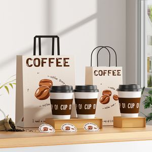 Biodegradable Coffee cup Bags With handle rope Custom Paper shopping Packaging Bags Flat Bottom Eight-Sided Sealing Bag Pouch