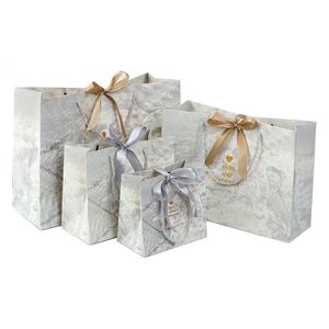 Marble Style Present Bags for Wedding Party Mothers Day Custom logo Paper Gift Bag Birthday Gift Bags with Bow Ribbon Handles