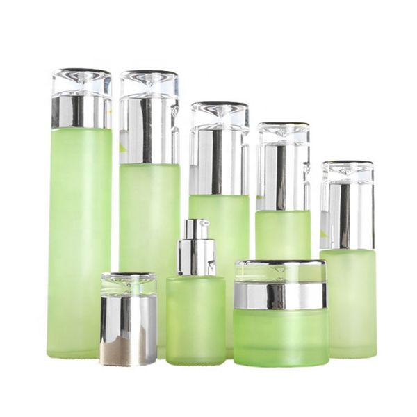 Wholesale Cosmetic Bottle Set High Quality Green Glass Bottles And Jars 120ml 100ml 80ml 60ml 40ml 30ml 20ml 50g 30g