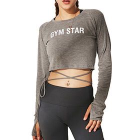 Women's sports tops ladies yoga wear breathable strappy waist custom yoga long sleeve crop top