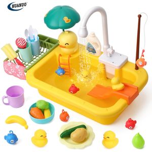 Kids Pretend Play Kitchen Sink with Running Water Dishwasher Toy Cycle System Fishing Game Kitchen Toys for Girls