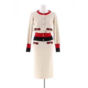 Sweater manufacture sorority women's elegant knitted cardigan sets fashion pearls decor stripe cardigan and skirt
