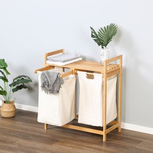 Double Laundry Hamper with Shelf Wooden Storage Bin with Removable Bags 2 Sections Organize Sorter Bamboo Basket with Handles