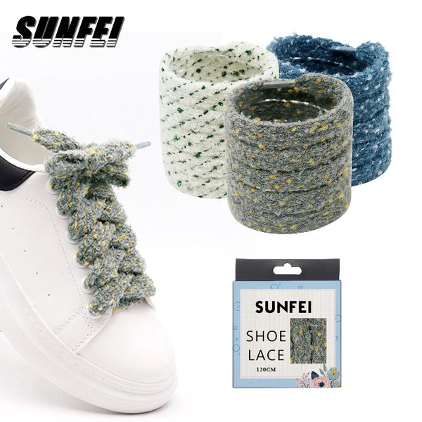 sunfei  Custom Flat Fluffy  Shoe laces Soft Wide Plush Shoelaces Colored Flat Fuzzy Shoe Laces Sneakers Wide Thick Shoealaces