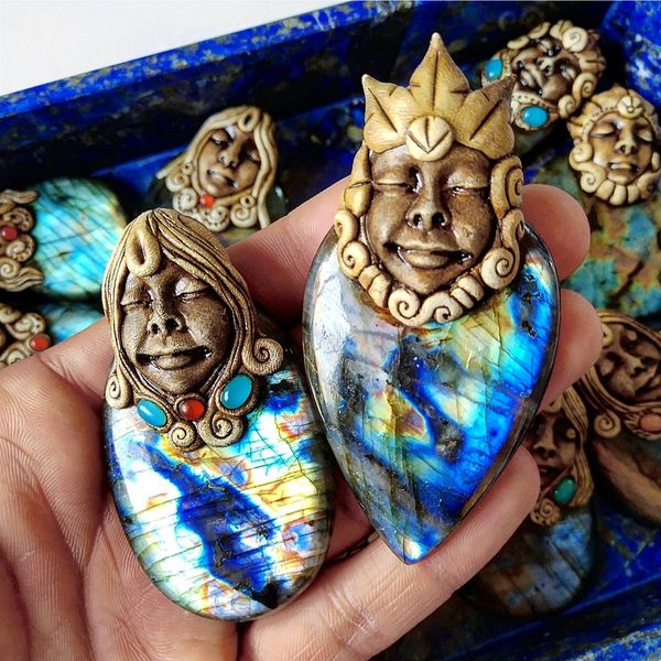 Natural Labradorite Goddess Face Polymer Clay Pendant Loose Cabochon Gemstone Free Size Gemstone Flashy Top Quality For Pendant