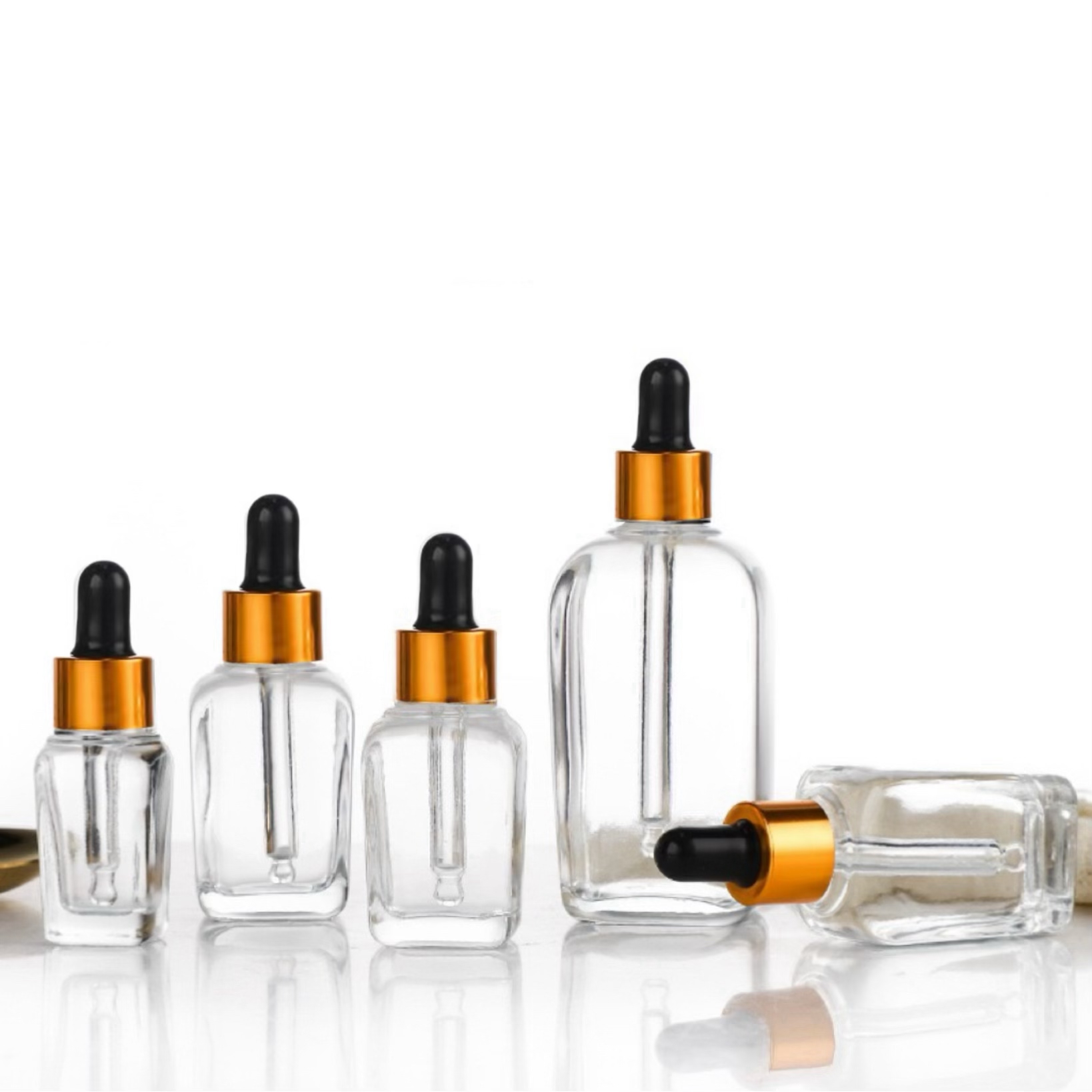30ml 1oz square glass bottle clear amber essential oil serum dropper bottle luxury square cosmetic bottles with gold lids