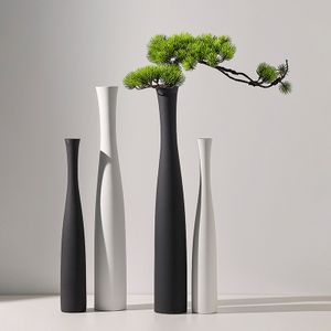 Rustic Hotel Zen Tall Cylinder Ceramic Vase Home Decoration High Quality Black White Slim Brushed Decor Vase