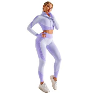 Women Gym Sports Wear Elegant Activewear Nylon Spandex Thick Winter Thermal Legging With Hemp Two Tone Color Twill High Neck Top