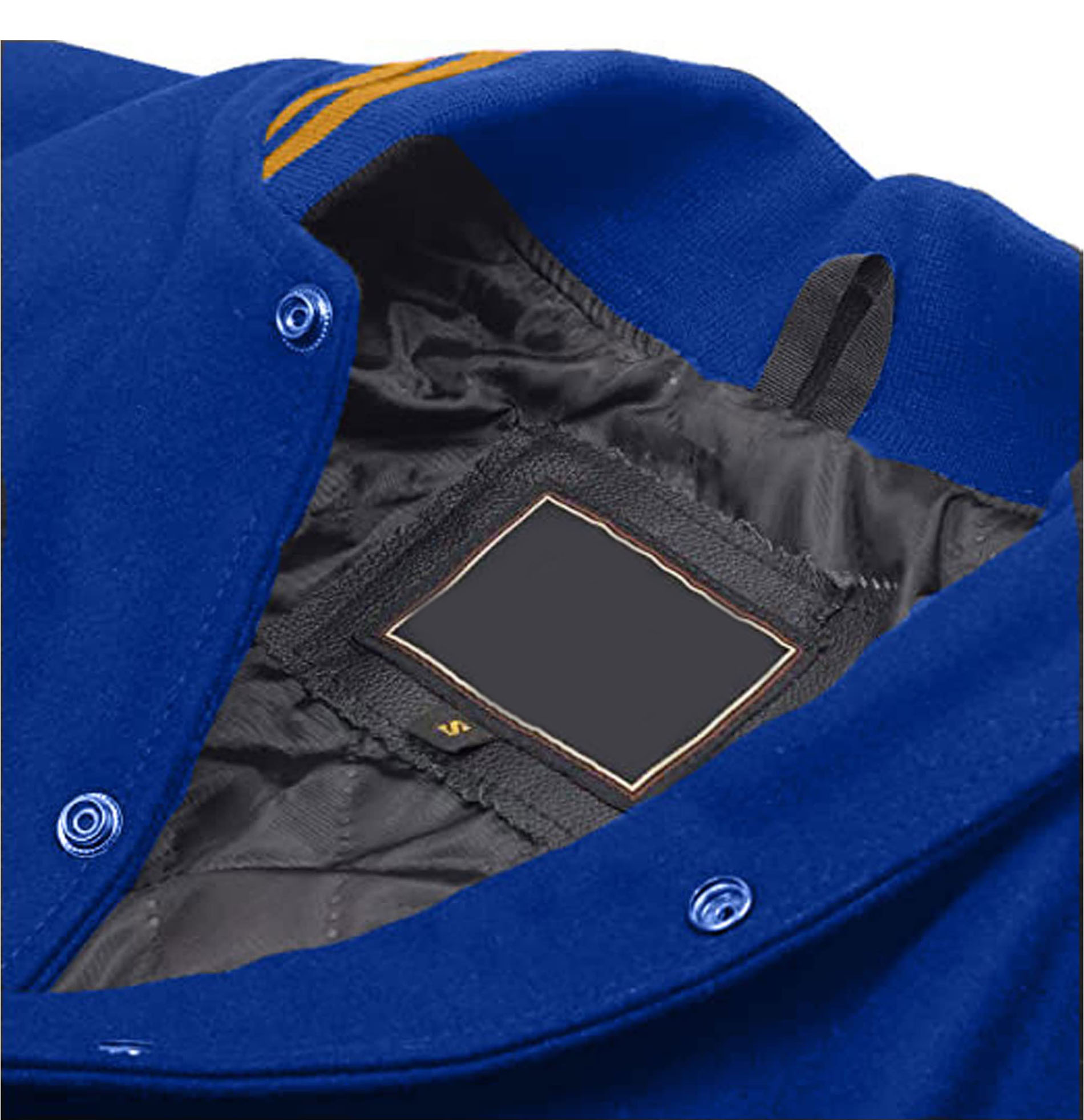 Fully Customized Golden Foite College Varsity Jacket Genuine Leather with Blue Body White Golden Leather Sleeves Winter Season