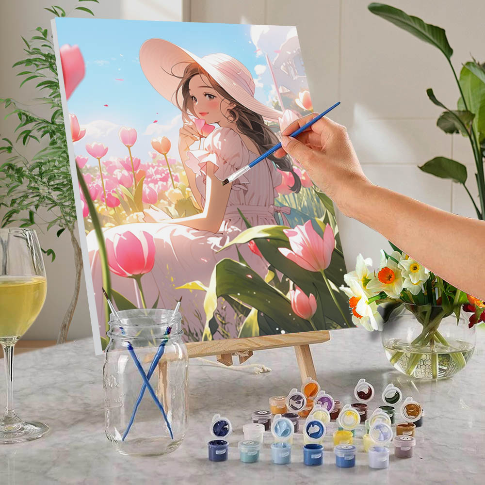 Dongguan Hengtai Hanjing Crafts Co., Ltd. 1pc, 40x50 digital color oil painting, DIY handmade color decoration painting, tulip flower frameless painting