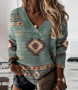 2024 Spring Aztec Pattern Indigenous Clothing Blusas De Mujer Long Sleeve V Neck Shirts Blouses
