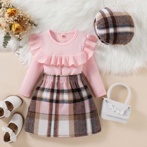 2024 Baby Clothes Girls Autumn Winter Sweet Pink Lace Cotton Pit Strip Top Plaid Skirt Hat Girls Clothing Sets