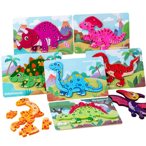 Hot sale Wooden Cartoon Dinosaur Figures match 3D Puzzles Board Games toys Montessori Wood Jigsaw Puzzle For Kids Boys&Girls CE