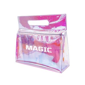 Custom Logo PVC Holographic Pouch Clear Transparent Plastic Bag Waterproof Travel Cosmetic Zipper Makeup Bag with handle