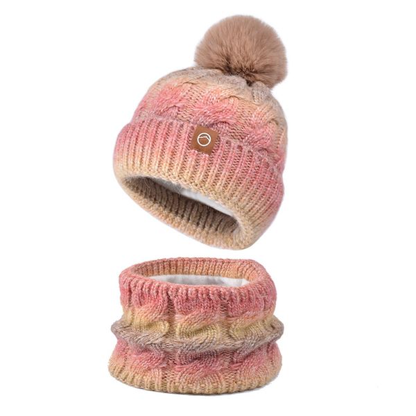 Landfond Gradient Colors Top Quality Winter Women Outdoor Thick Warm Fleece Knitted Two Pieces Winter Beanie Hat Scarf Set