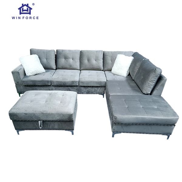 Wholesale Contemporary Style Velvet L Shape Sectional Sofa with Storable Ottoman and 2 Cup Holders for Living Room Furniture Set