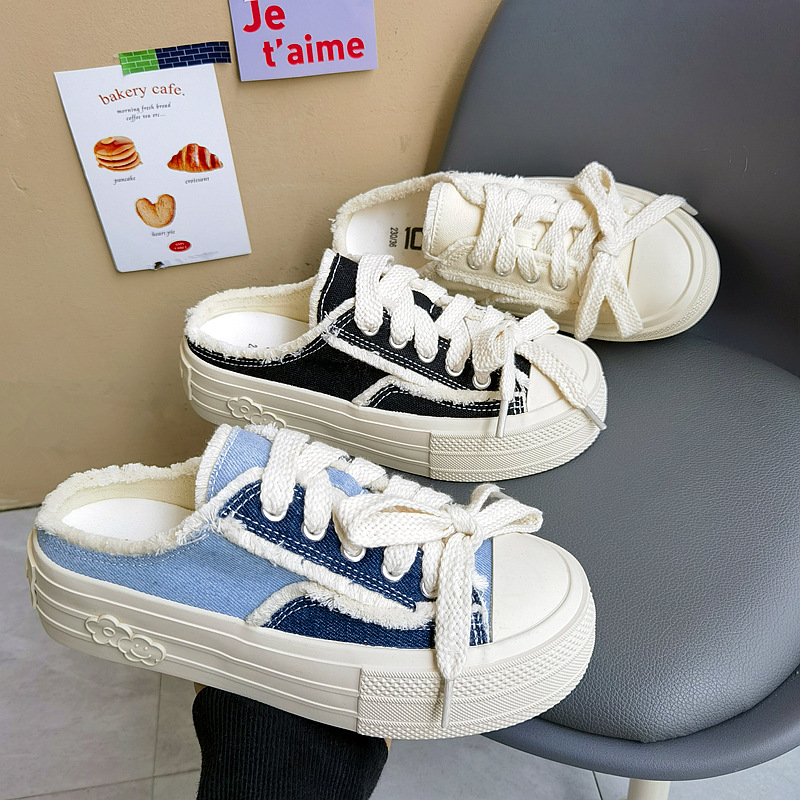 Mesh Lining Chunky Shoes Slip-on Walking Style Shoes Denim canvas semi-slippers new summer loafers