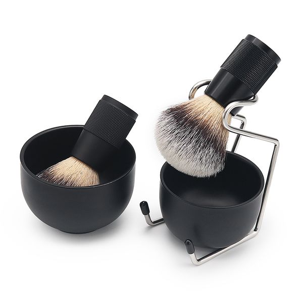Custom Private Logo Aluminium Handle Shaving Stand Stainless Steel Soap Bowl Shaving Brush Set Kit