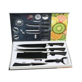 6 pcs black wave pattern blade stainless steel kitchen knife sets chopper scissors peeler chef cleaver bread cooking knife