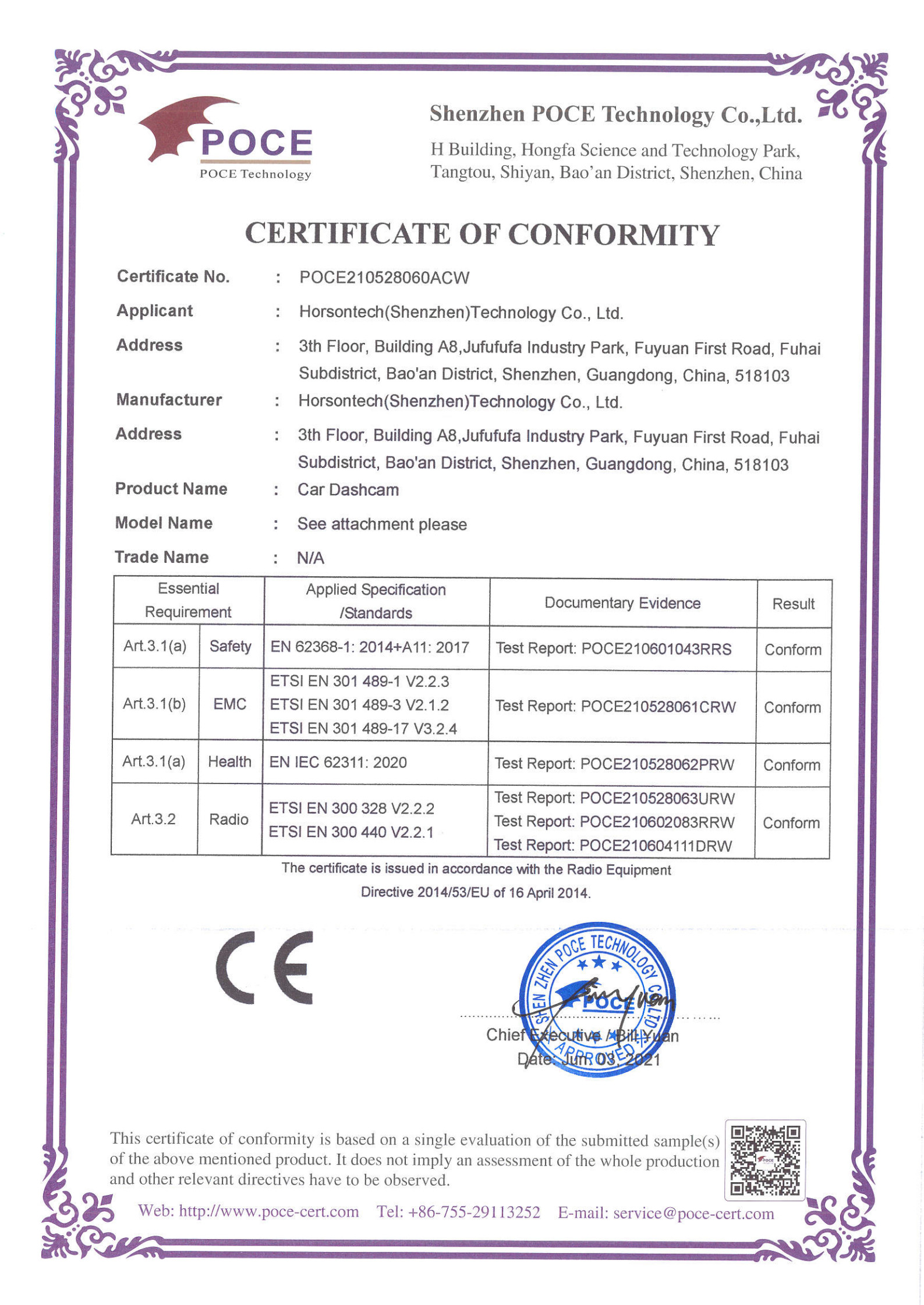 Horsontech(Shenzhen)Technology Co.,Ltd 4K Dashcam